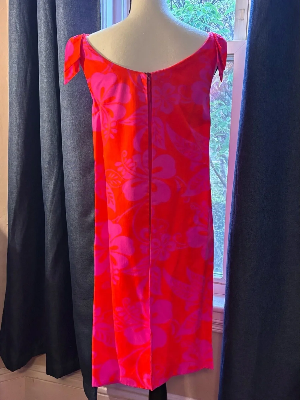 Vintage Vibrant Pink and Orange Floral Midi Dress w/Tie-Shoulder Detail -Size 8